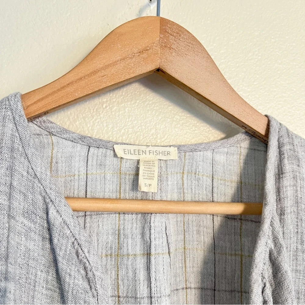 EILEEN FISHER Check Linen Round Neck Jacket in Dark Pearl Grey